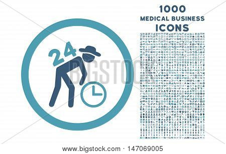 Around the Clock Work rounded vector bicolor icon with 1000 medical business icons. Set style is flat pictograms, cyan and blue colors, white background.
