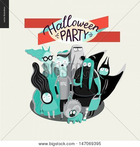 Treak or treat group of children, greeting card with lettering. Vector cartoon illustrated group of kids wearing Halloween costumes and a french bulldog, scared by something. Composition accompained