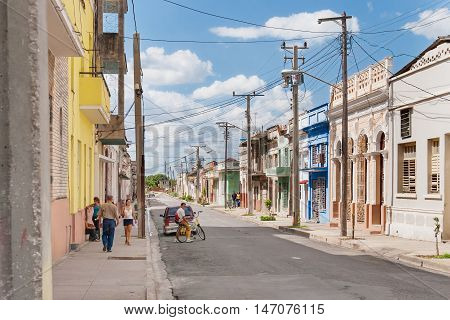 CIENFUEGOS CUBA - February 5 2008. One of streets in the center of colonial town of Cienfuegos Cuba. It is a city on the southern coast of Cuba capital of Cienfuegos Province.