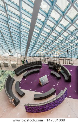 Seattle, USA - April 15, 2016: Aerial view of main floor of the public Central Library with modern glass architecture