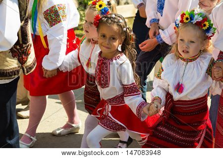 September 2016. Rakhiv Transcarpathian region Ukraine. Celebration - Festival Hutsul brynza . Colorful procession - parade of people dressed in national costumes. Children continue national traditions
