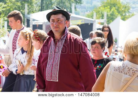 4 September 2016. RakhivTranscarpathian region Ukraine. Celebration - Festival Hutsul brynza. Colorful procession - parade of people dressed in national costumes. Preservation of traditions and crafts manufacturing of cheese a national food and drinks.