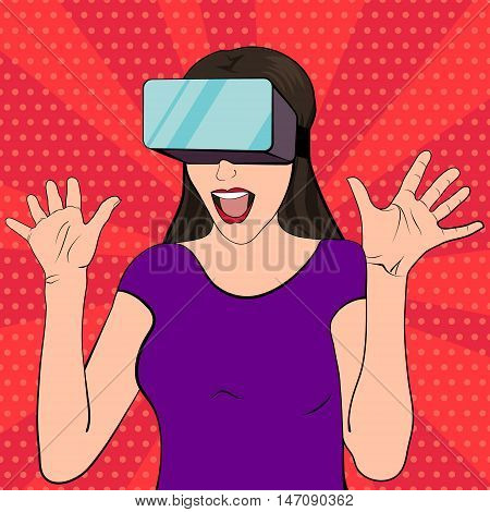 Woman wearing virtual reality goggles. Vector illustration of an excited and surprised woman in a pop art retro style. Pop art girl with her mouth open and hands raised. VR gaming. Vintage poster.