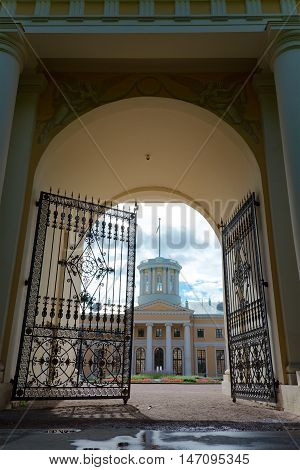 Beautiful gate of the main entrance in front of the Grand Palace in Arkhangelskoe Estate Museum