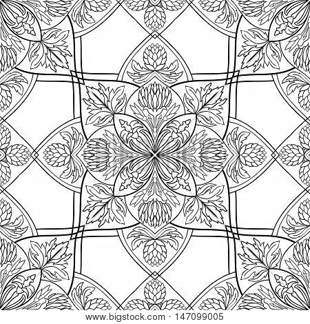 Seamless vector background. The pattern with floral mandalas. Oriental black and white ornament. Template for textile wallpaper tile.
