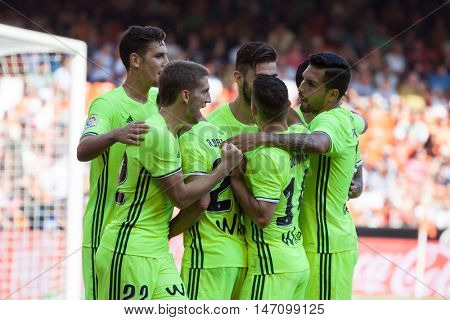 VALENCIA, SPAIN - SEPTEMBER 11th: Betis players celebrating a goal during Spanish League match between Valencia CF and Real Betis at Mestalla Stadium on September 11, 2016 in Valencia, Spain