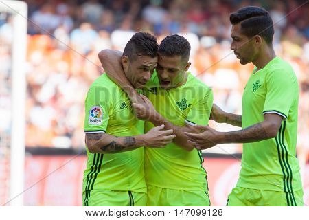 VALENCIA, SPAIN - SEPTEMBER 11th: Betis players celebrating a goal during Spanish League match between Valencia CF and Real Betis at Mestalla Stadium on September 11, 2016 in Valencia, Spain