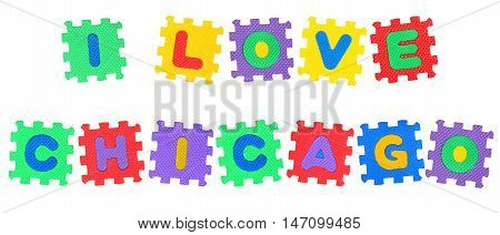 Message I Love Chicago from letters puzzle isolated on white background.