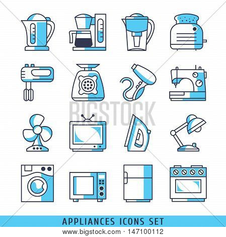 Appliances icons set lines blue color vector illustration