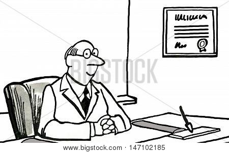 B&W illustration of smiling man sitting at a desk with a diploma framed and hanging on the wall beside him.