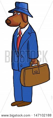 Color business illustration showing a business dog dressed in a business suit and carrying a briefcase.