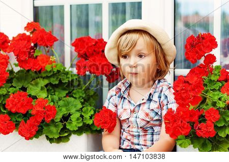 Adorable little boy gardener sitting between bright red geranium