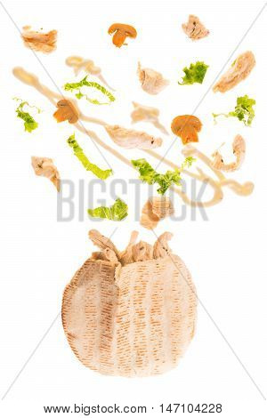 open sandwich floating sandwich chicken doner kebeb with lettuce mushrooms