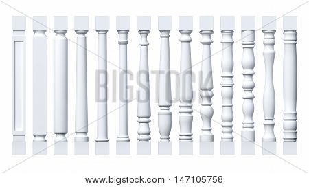 Collection of white isolated columns, pilasters, balusters. 3D rendering