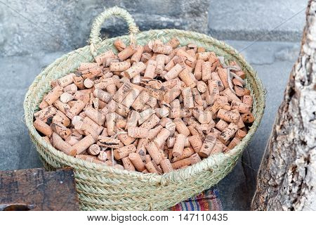 various corks in the foreground on tray