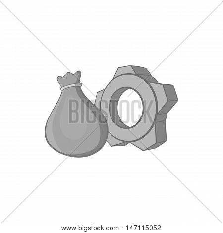 Bag and gear icon in black monochrome style isolated on white background. Spare parts symbol vector illustration