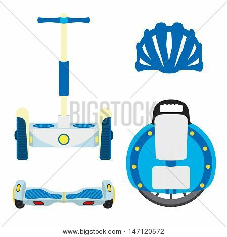 Set of modern eco vehicles. Monowheel, unicycle, segway, scooter wheels on white background. Urban transport in flat style. Isolated vector illustration.