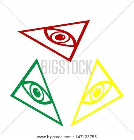 All Seeing Eye Pyramid Symbol. Freemason And Spiritual. Isometric Style Of Red, Green And Yellow Ico