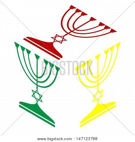 Jewish Menorah Candlestick In Black Silhouette. Isometric Style Of Red, Green And Yellow Icon.