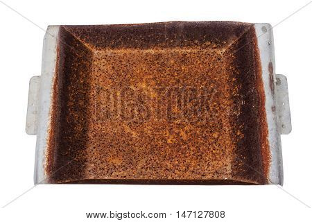 Close up high view of isolated neglected rusty grungy decayed patterns and textures on rusted metal tray surface background