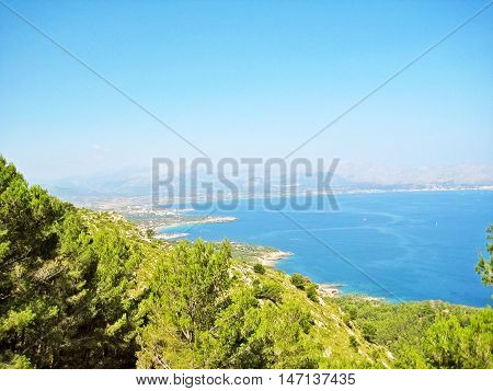 Bay of Pollenca peninsula Formentor view from peninsula Victoria - pine trees at coastal cliff in front ocean view