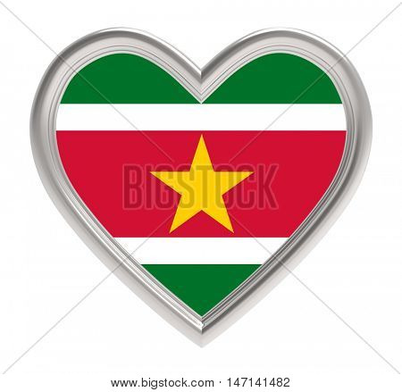 Surinamese flag in silver heart isolated on white background. 3D illustration.