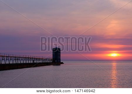 Manistee North Pierhead Lighthouse restoration, built in 1870, Lake Michigan, MI, USA