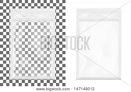 Transparent empty plastic packaging with zipper. Blank foil sachet for food or drink.