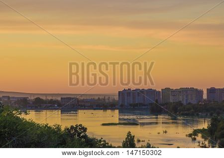 Sayran lake in Almaty city evening time Kazakhstan