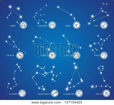 Zodiac Design. Horoscope set: Leo, Virgo, Scorpio, Libra, Aquarius, Sagitarius, Pisces, Capricorn, Taurus, Aries, Gemini, Cancer. Vector illustration