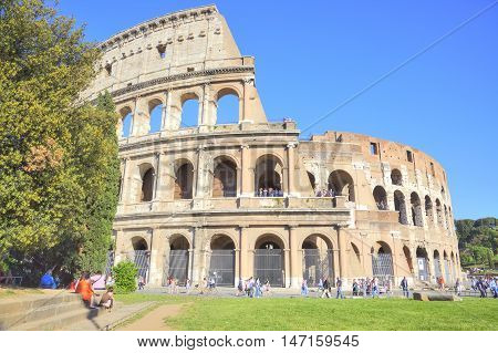 ROME ITALY - May 03.2012: Ruins of cyclopean building with of genius architecture. Facade of Coliseum