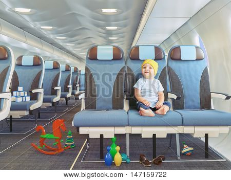 little boy  in the airplane cabin. Photo combination concept.