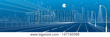 Automotive flyover, architectural and infrastructure panorama, transport overpass, highway. Business center, night city, towers and skyscrapers, white lines urban scene, vector design art