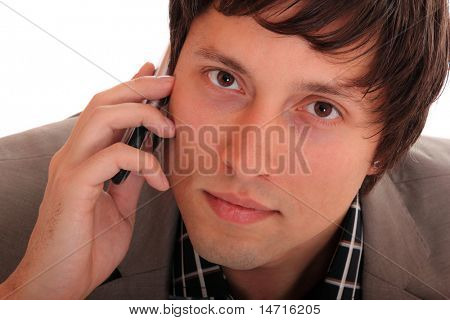 a telefon, elszigetelt fehér fiatal üzletember