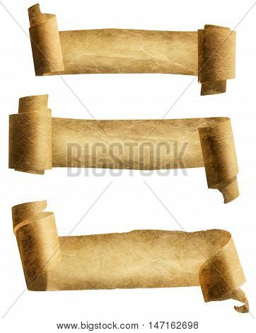 Old Paper Scroll Ribbon Parchment Roll Icon Curled Ancient Banners Set Isolated over White background with clipping path
