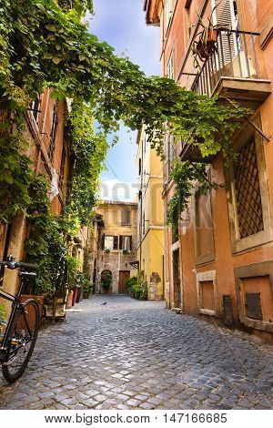 View of Old street in Trastevere in Rome Italy