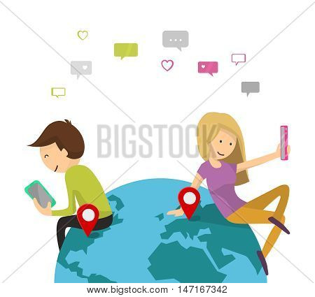 Online dating service. Virtual Chat, Like, Selfie concept. Boy and girl send messages of smartphone. Young couple man and woman on the planet Earth. Flat design, Vector illustration isolated on white.