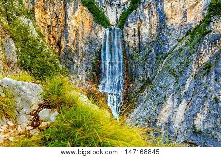 Big waterfall in the mountains. Slovenia Landscape
