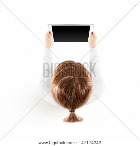 Woman hold tablet pc mockup in hand, top view isolated. White mobile ebook mock up holding in female hands from above. Blank black ipad tablet screen monitor. Clear horizontal display booklet person.