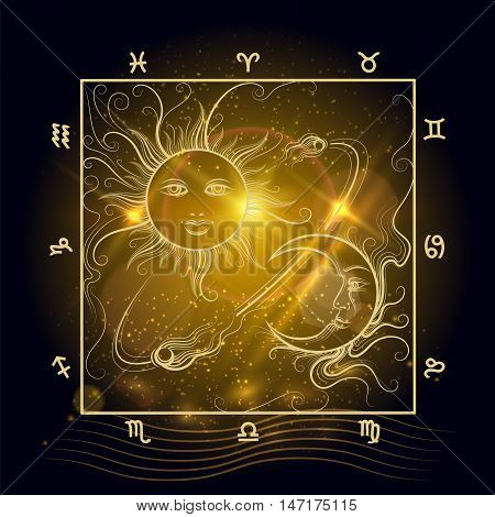 Astrology map sun moon and signs of Zodiak on shining background vector