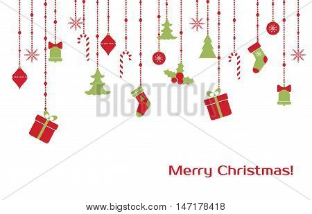 Christmas vector greeting card with hanging christmas toys, gift boxes