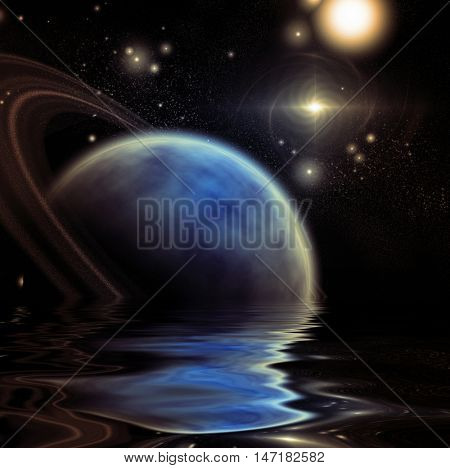 Exosolar Planet Rise over quiet waters 3D Render