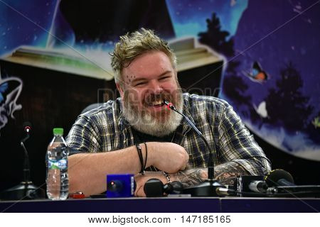 CLUJ-NAPOCA ROMANIA - AUGUST 6 2016: Actor and Dj Kristian Nairn (Hodor Game of Thrones) answering questions during a press conference at Untold Festival