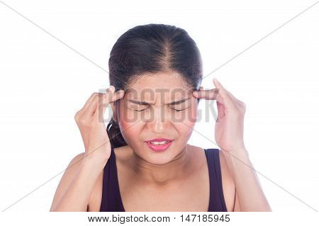 young women sick and headache on white background