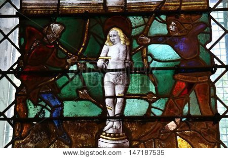 Saint Wandrille Rancon France - june 22 2016 : the stained glass window of Saint Michel church
