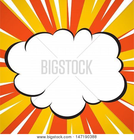 Comic book superhero explosion cloud pop art style yellow and white radial lines background.