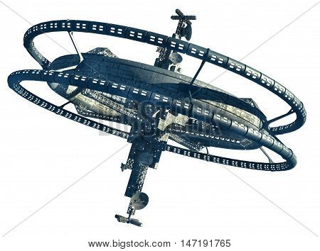 3d Illustration of a space station with multiple gravitational wheels for games, futuristic exploration or science fiction backgrounds, with the clipping path included in the file.