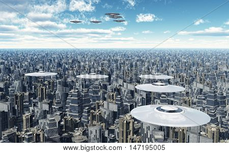 Computer generated 3D illustration with flying saucers over a megacity