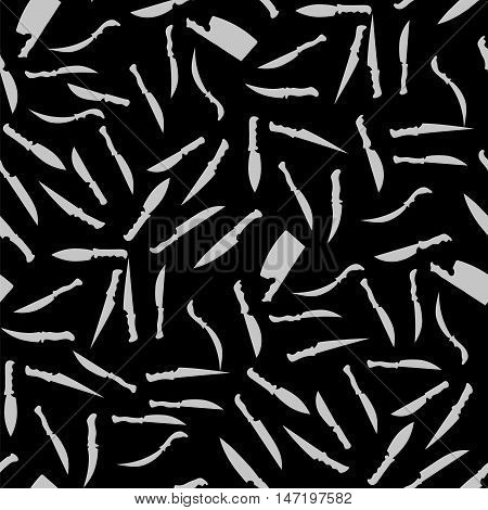 Silhouettes Knives Seamless Pattern on Black. Kitchen Accessories. Bladed Weapons Collection