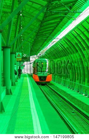 MOSCOW, RUSSIA - SEPTEMBER 13, 2016: Central Circle Line MCC Lastochka train at the station Delovoj centr